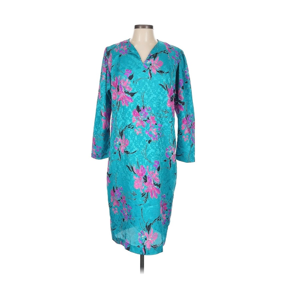 Pellini Petites Von Bramlett Vintage 80s 90s Teal Floral Shift Dress Size 9/10P